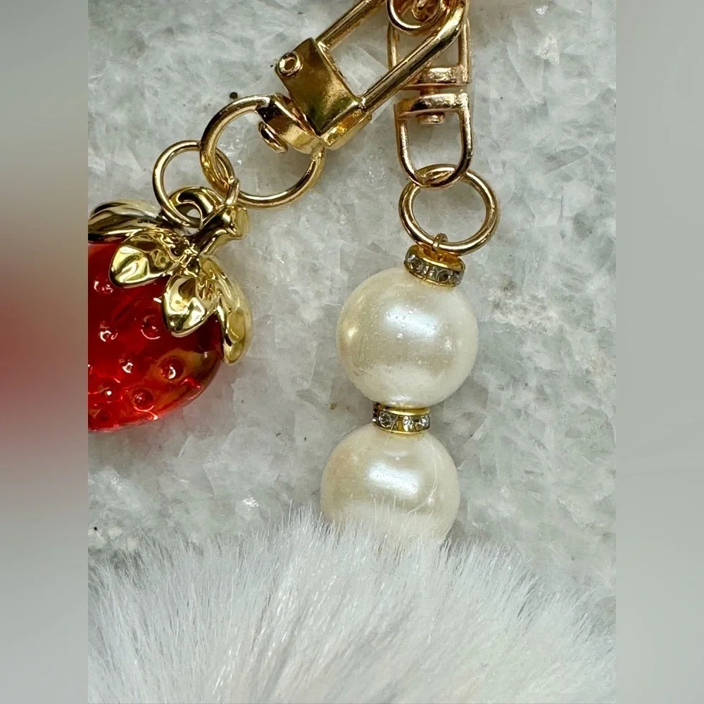 New White Faux Leather Mini Bag Purse Charm Keychain w/ Strawberry & Pom Pom